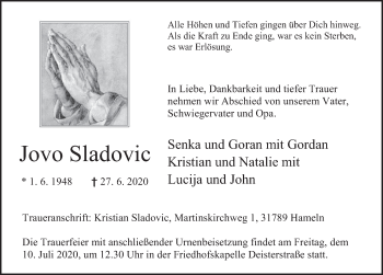 Traueranzeige von Jovo Sladovic von Deister- und Weserzeitung