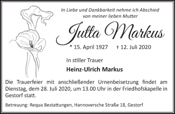 Traueranzeige von Jutta Markus von Neue Deister-Zeitung