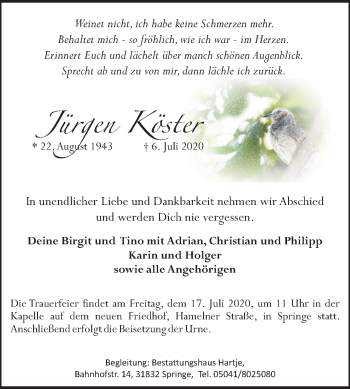Traueranzeige von Jürgen Köster von Neue Deister-Zeitung