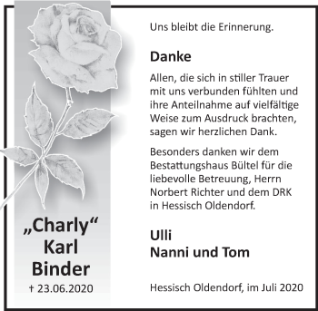 Traueranzeige von Karl Binder von Deister- und Weserzeitung