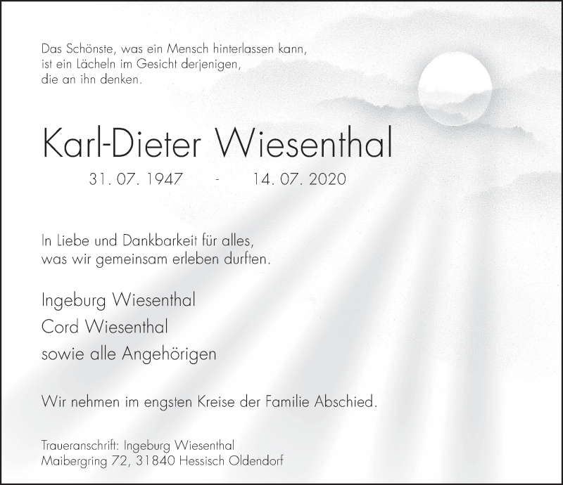  Traueranzeige für Karl-Dieter Wiesenthal vom 18.07.2020 aus Deister- und Weserzeitung