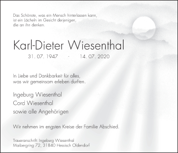 Traueranzeige von Karl-Dieter Wiesenthal von Deister- und Weserzeitung