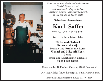 Traueranzeige von Karl Saffer von Deister- und Weserzeitung