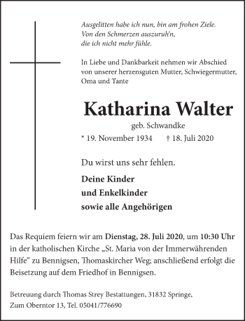 Traueranzeige von Katharina Walter von Neue Deister-Zeitung