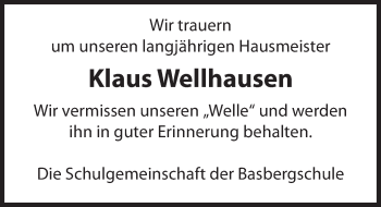 Traueranzeige von Klaus Wellhausen von Deister- und Weserzeitung