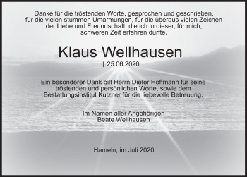 Traueranzeige von Klaus Wellhausen von Deister- und Weserzeitung