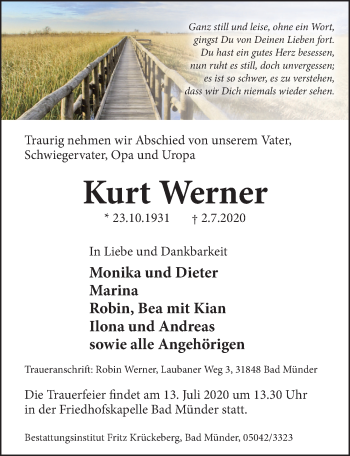 Traueranzeige von Kurt Werner von Neue Deister-Zeitung