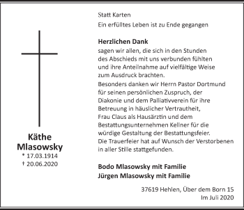 Traueranzeige von Käthe Mlasowsky von Deister- und Weserzeitung