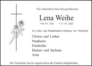Traueranzeige von Lena Weihe von Deister- und Weserzeitung