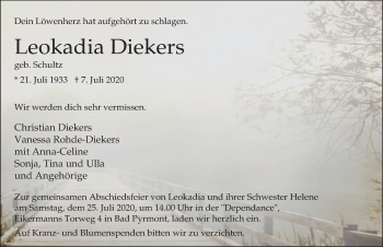 Traueranzeige von Leokadia Diekers von Deister- und Weserzeitung