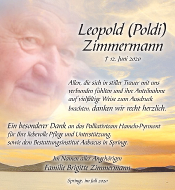 Traueranzeige von Leopold Zimmermann von Neue Deister-Zeitung