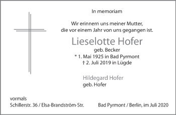 Traueranzeige von Lieselotte Hofer von Deister- und Weserzeitung