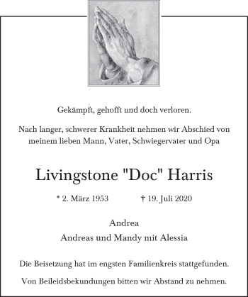 Traueranzeige von Livingstone Harris von Deister- und Weserzeitung