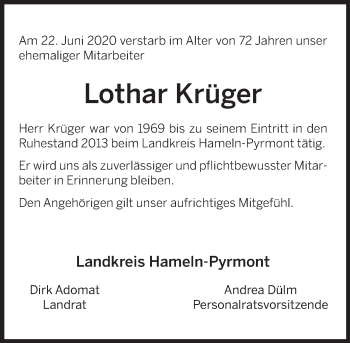 Traueranzeige von Lothar Krüger von Deister- und Weserzeitung