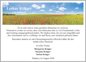Traueranzeige von Lothar Krüger von Deister- und Weserzeitung