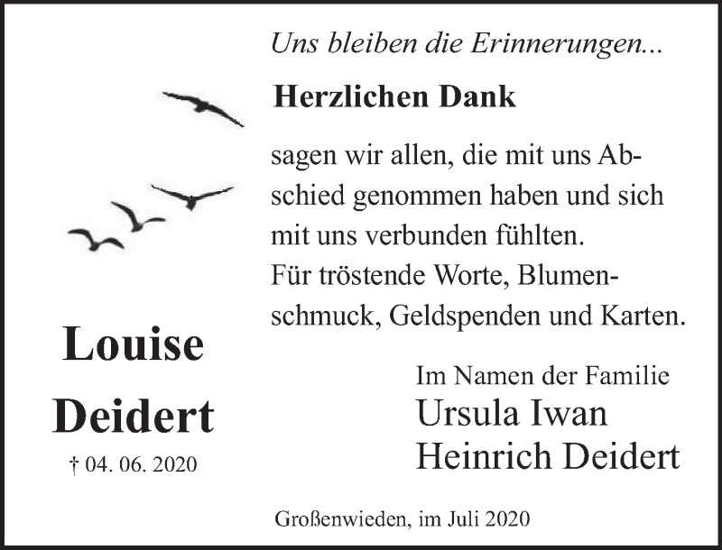  Traueranzeige für Louise Deidert vom 04.07.2020 aus Deister- und Weserzeitung