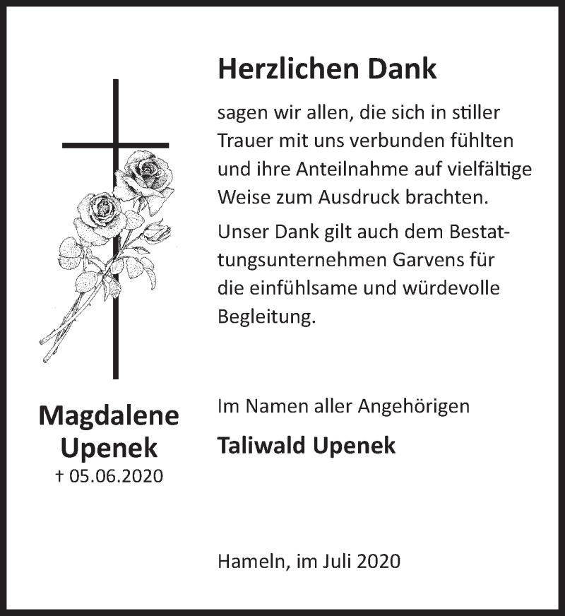  Traueranzeige für Magdalene Upenek vom 18.07.2020 aus Deister- und Weserzeitung
