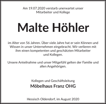 Traueranzeige von Malte Höhler von Deister- und Weserzeitung