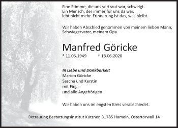Traueranzeige von Manfred Göricke von Deister- und Weserzeitung