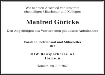 Traueranzeige von Manfred Göricke von Deister- und Weserzeitung