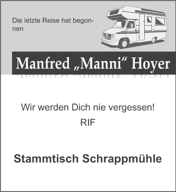 Traueranzeige von Manfred Hoyer von Deister- und Weserzeitung