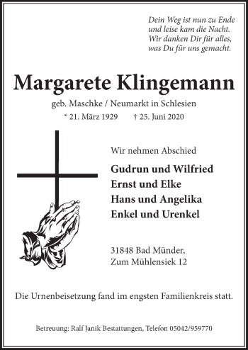 Traueranzeige von Margarete Klingemann von Neue Deister-Zeitung