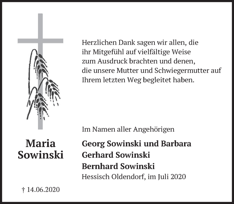  Traueranzeige für Maria Sowinski vom 25.07.2020 aus Deister- und Weserzeitung