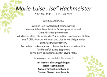 Traueranzeige von Marie-Luise  Hachmeister von Neue Deister-Zeitung