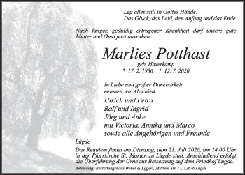 Traueranzeige von Marlies Potthast von Deister- und Weserzeitung