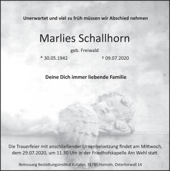 Traueranzeige von Marlies Schallhorn von Deister- und Weserzeitung