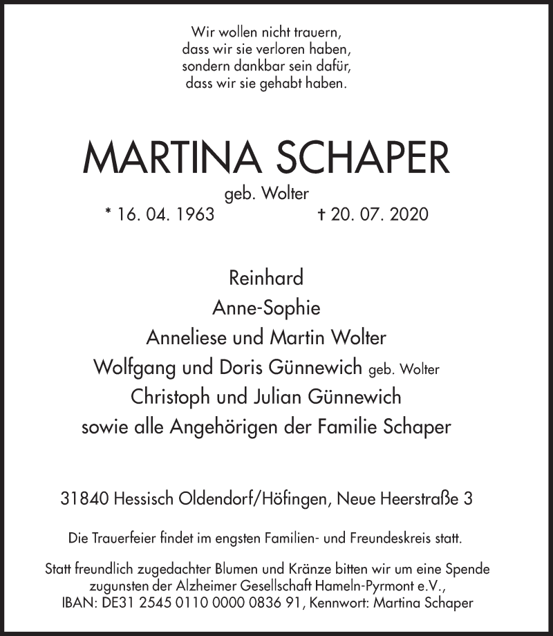  Traueranzeige für Martina Schaper vom 25.07.2020 aus Deister- und Weserzeitung