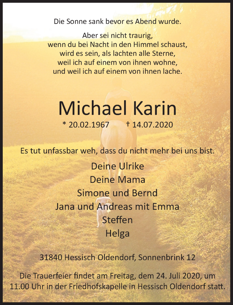  Traueranzeige für Michael Karin vom 21.07.2020 aus Deister- und Weserzeitung