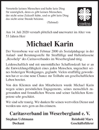 Traueranzeige von Michael Karin von Deister- und Weserzeitung