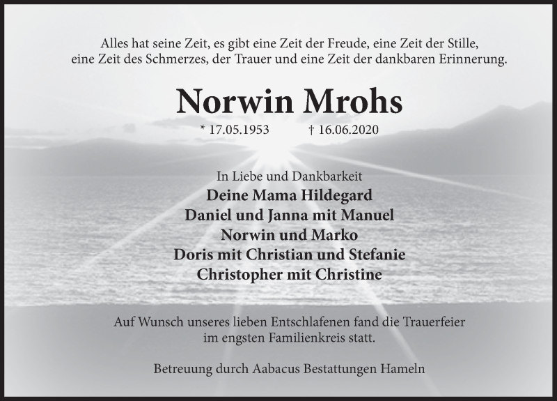  Traueranzeige für Norwin Mrohs vom 04.07.2020 aus Deister- und Weserzeitung