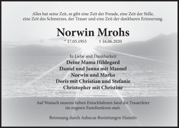 Traueranzeige von Norwin Mrohs von Deister- und Weserzeitung