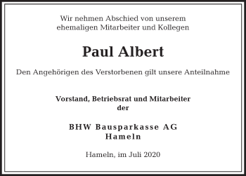 Traueranzeige von Paul Albert von Deister- und Weserzeitung