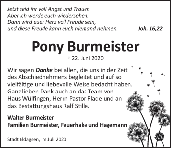 Traueranzeige von Pony Burmeister von Neue Deister-Zeitung