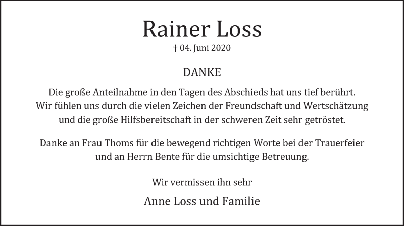  Traueranzeige für Rainer Loss vom 11.07.2020 aus Deister- und Weserzeitung