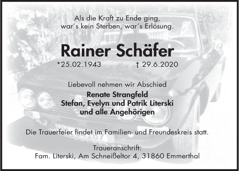  Traueranzeige für Rainer Schäfer vom 11.07.2020 aus Deister- und Weserzeitung