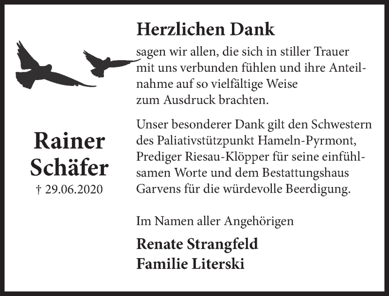  Traueranzeige für Rainer Schäfer vom 01.08.2020 aus Deister- und Weserzeitung