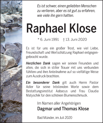 Traueranzeige von Raphael Klose von Neue Deister-Zeitung