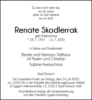 Traueranzeige von Renate Skodlerrak von Deister- und Weserzeitung