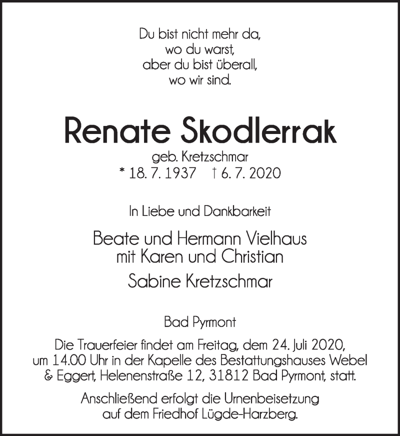  Traueranzeige für Renate Skodlerrak vom 18.07.2020 aus Deister- und Weserzeitung