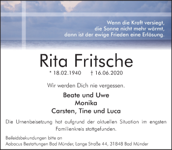 Traueranzeige von Rita Fritsche von Neue Deister-Zeitung