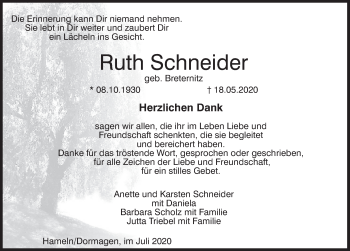 Traueranzeige von Ruth Schneider von Deister- und Weserzeitung