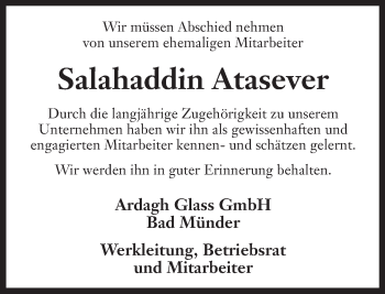 Traueranzeige von Salahaddin Atasever von Neue Deister-Zeitung