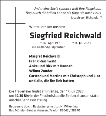 Traueranzeige von Siegfried Reichwald von Neue Deister-Zeitung