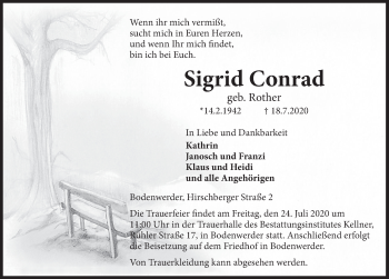 Traueranzeige von Sigrid Conrad von Deister- und Weserzeitung