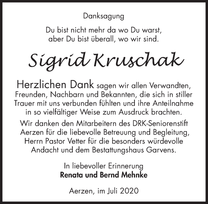  Traueranzeige für Sigrid Kruschak vom 04.07.2020 aus Deister- und Weserzeitung