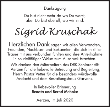Traueranzeige von Sigrid Kruschak von Deister- und Weserzeitung